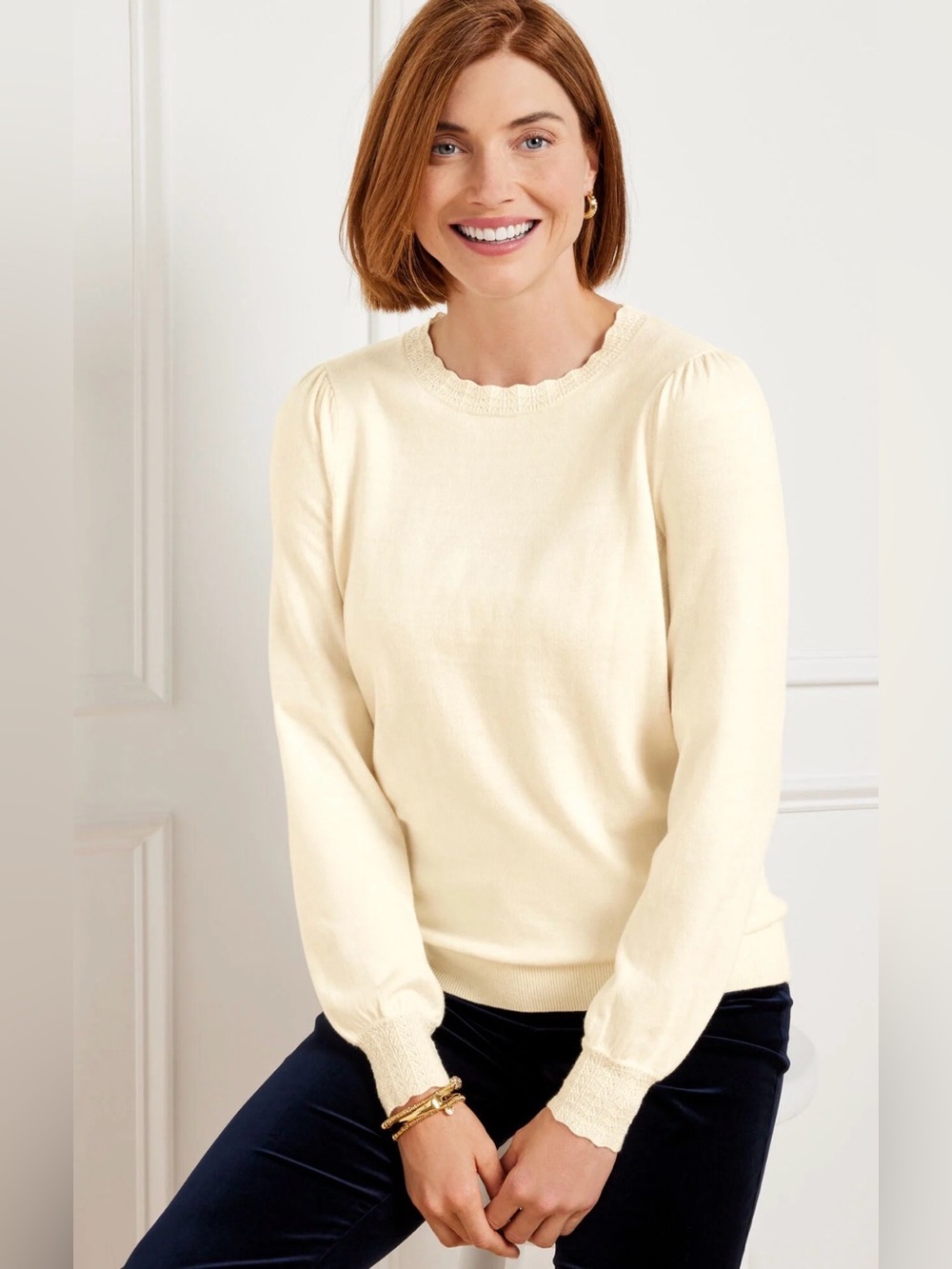 Talbots Scallop Trim Pullover Sweater Ivory Size 1XP